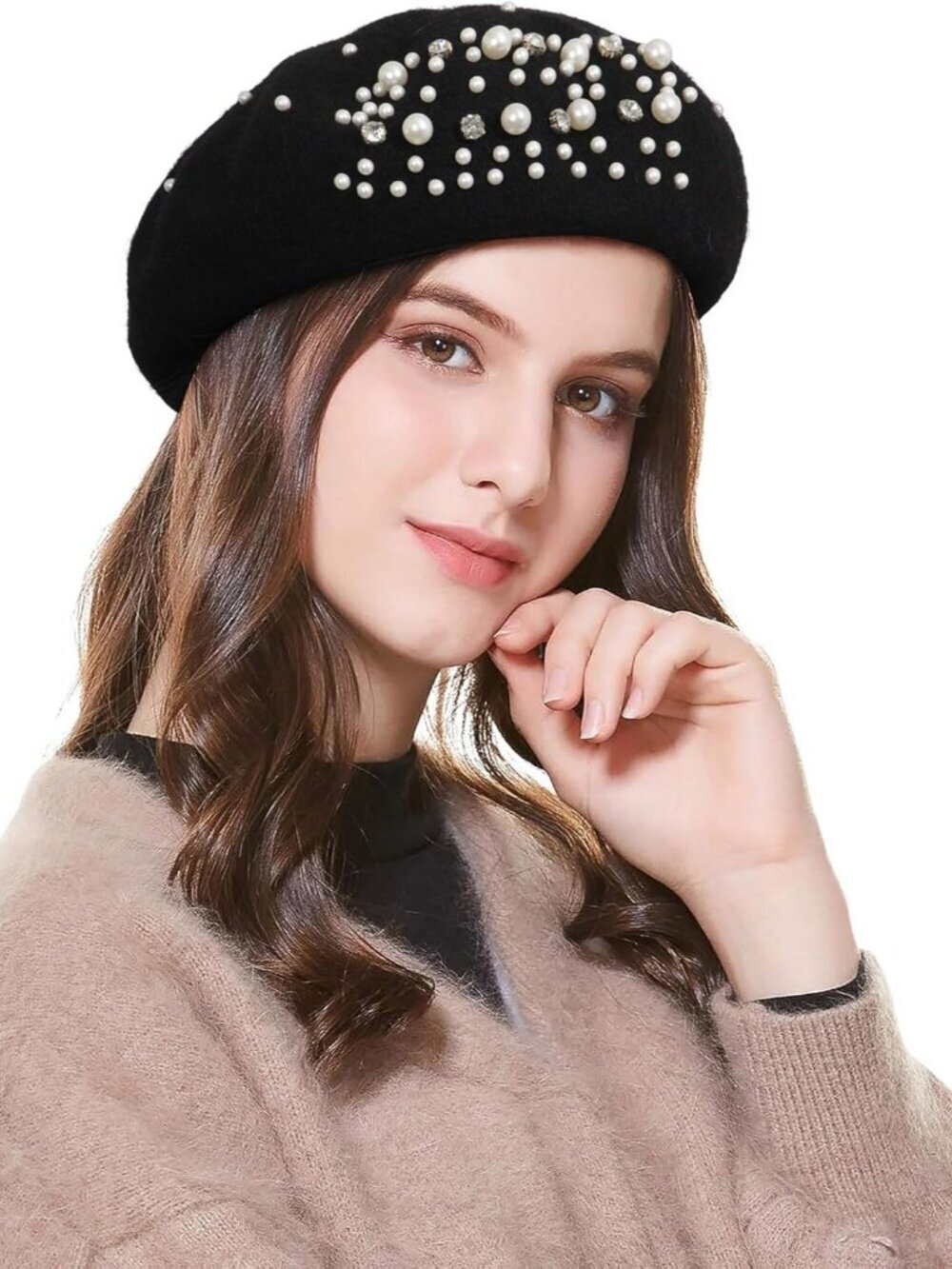 Women's Classic French Wool Beret with Pearl Rhinestone Embellishment Hat Black